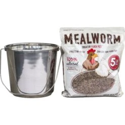 Flock Fest Dried Mealworms Adult Chicken Treats, 5-lb Bag & Stainless Steel Feeder Bucket