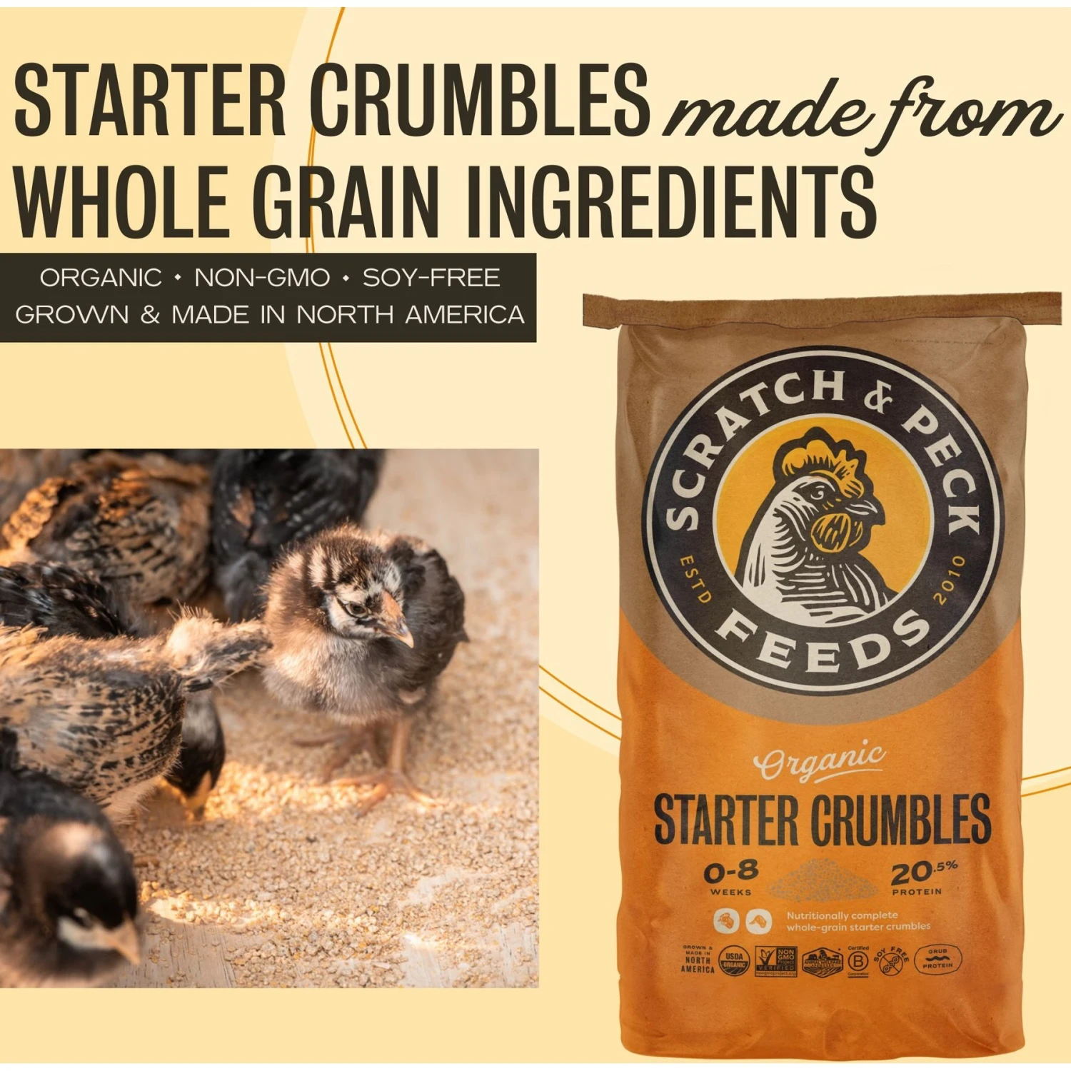 Scratch And Peck Feeds Organic Chicken, Duck, & Waterfowl 20.5% Protein Crumbles & GRUB Protein Starter Feed 3 Scratch And Peck Feeds Organic Chicken, Duck, & Waterfowl 20.5% Protein Crumbles & GRUB Protein Starter Feed - Image 3