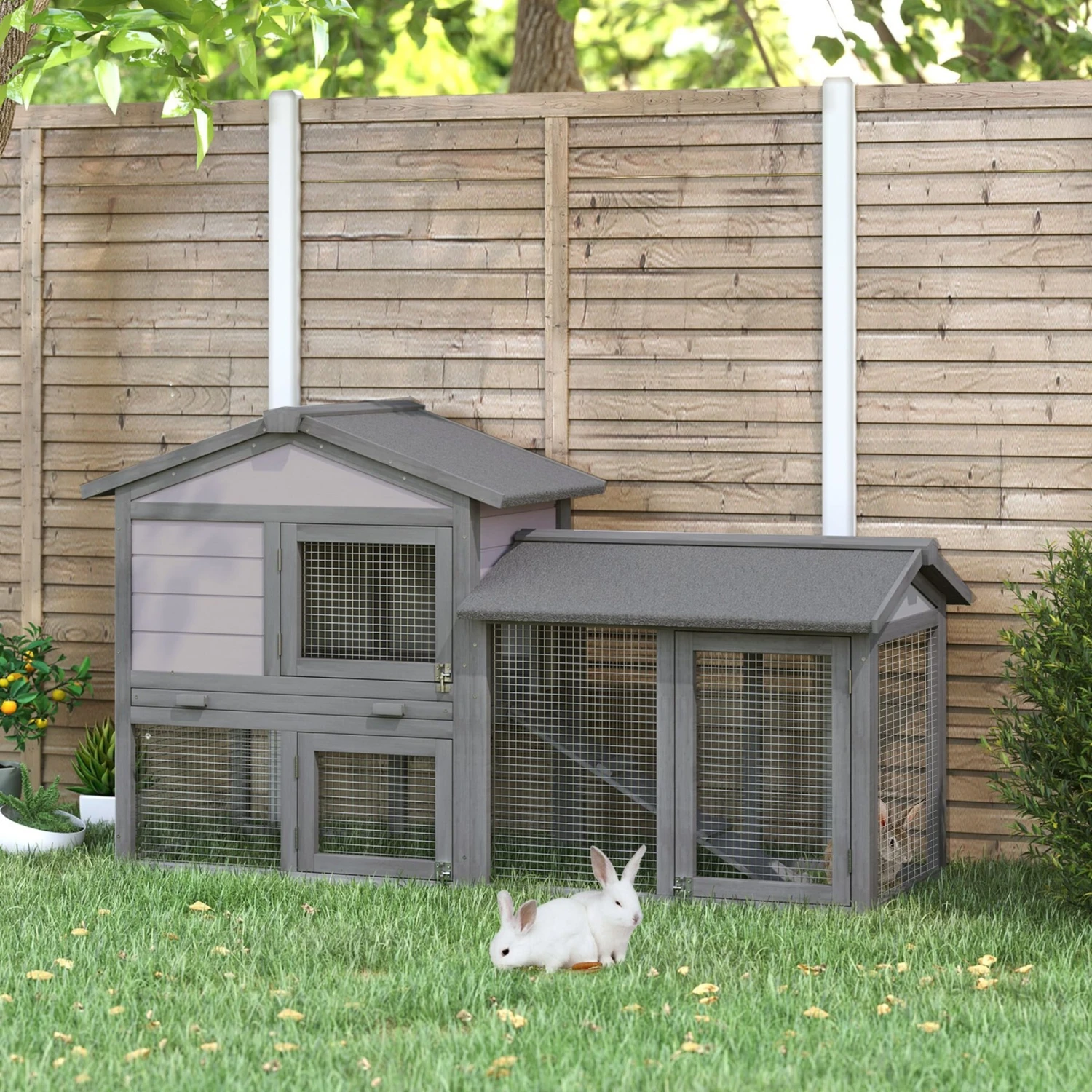 PawHut Outdoor Raised Painted Deluxe Wood Rabbit Hutch 3 PawHut Outdoor Raised Painted Deluxe Wood Rabbit Hutch - Image 3