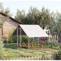 PawHut Walk-in Poultry Cage Galvanized Outdoor Metal Chicken Coop, Silver, Large -Meadow Farm 653718 PT2. AC SS1800 V1663880720