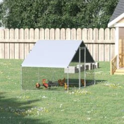 PawHut Walk-in Poultry Cage Galvanized Outdoor Metal Chicken Coop, Silver, Large -Meadow Farm 653718 PT3. AC SS1800 V1663880905
